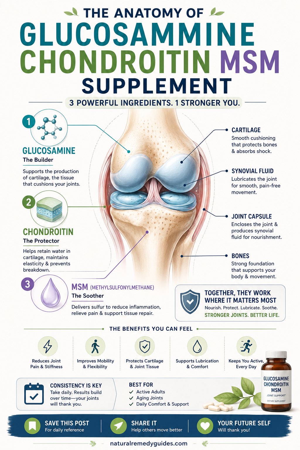 Glucosamine Joint Support Infographic - Scientific breakdown of glucosamine, chondroitin, and MSM for joint health with GAIT trial results