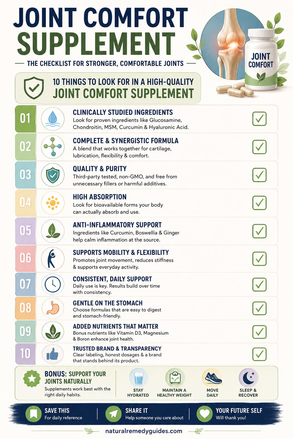 Joint Comfort Supplement Checklist - Evidence-based guide to choosing effective joint supplements with ingredient dosages and red flags