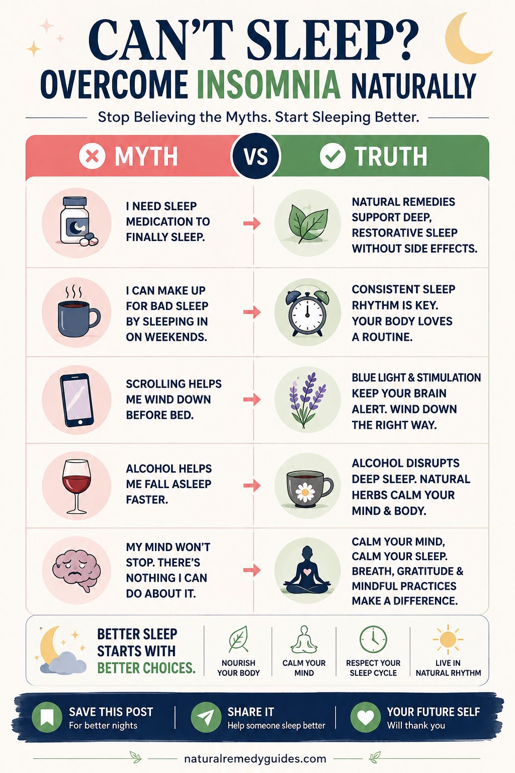Can't Sleep - Myth vs Truth Infographic - Evidence-based natural insomnia remedies debunking common sleep myths