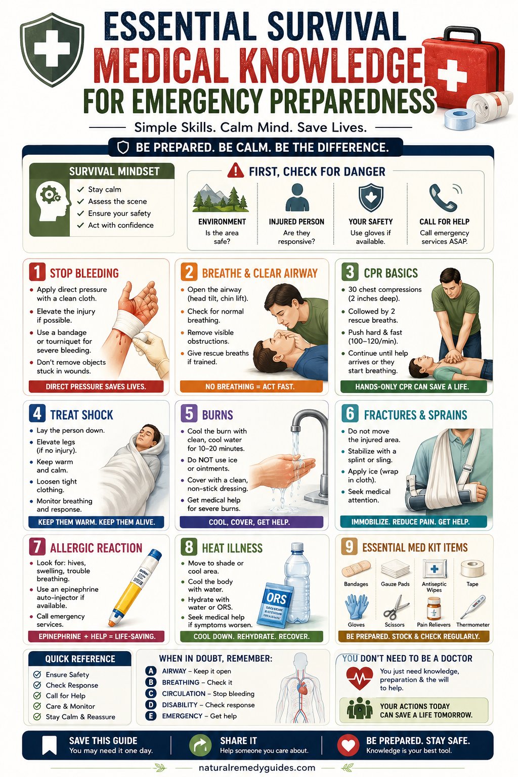 Essential Survival Medical Guide - Emergency preparedness infographic showing medical kit, herbs, and survival tools